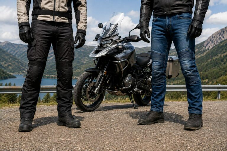 Spodnie tekstylne czy jeansy motocyklowe na wyjazd? Porównanie na trasę