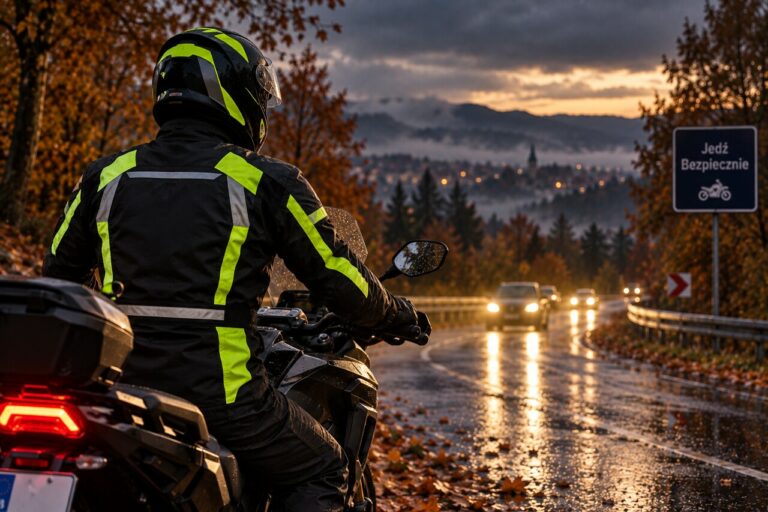 Widoczność motocyklisty jesienią – kolory, odblaski i bezpieczne dodatki